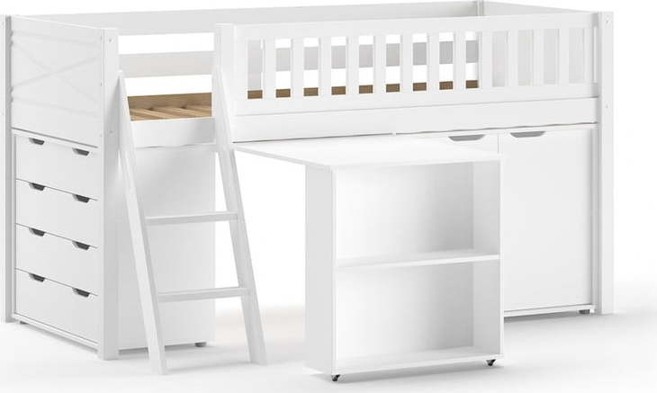 Bílá vyvýšená dětská postel z borovicového dřeva s úložným prostorem s roštem 90x200 cm Scott – Vipack