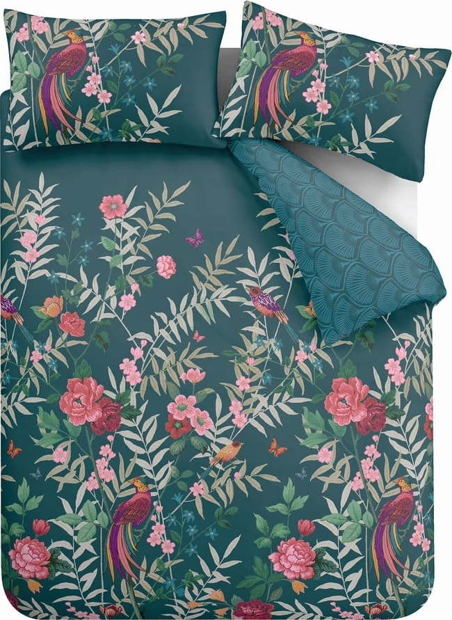 Tmavě zelené prodloužené povlečení na dvoulůžko 230x220 cm Tropical Floral Birds – Catherine Lansfield