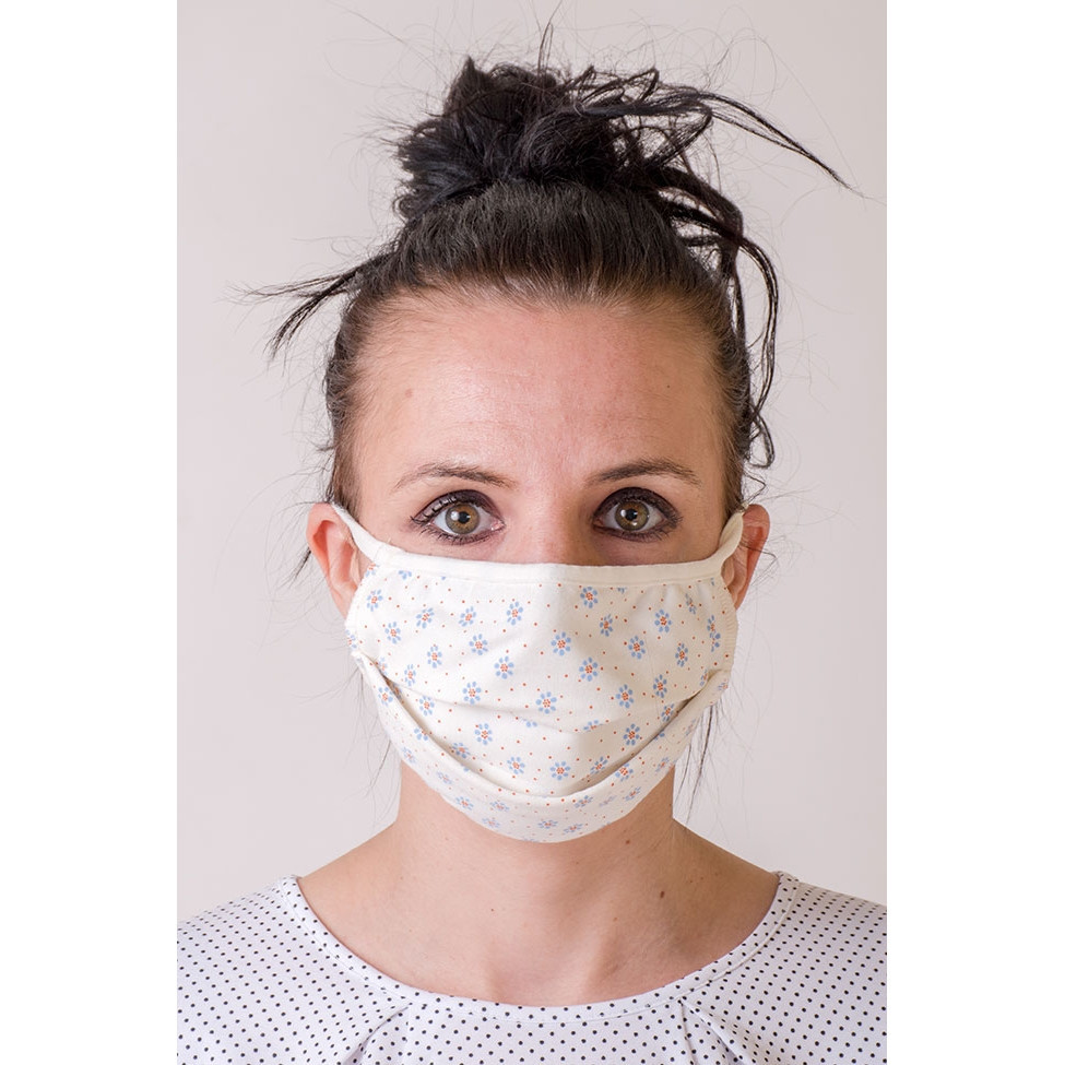 Bavlněná úpletová rouška na ústa a nos dvouvrstvá Květy 3 - bílá