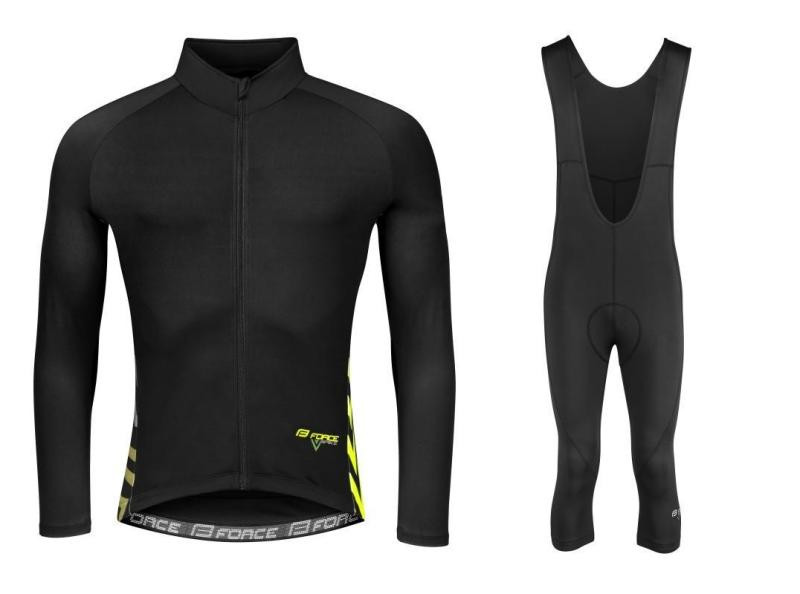 Force SPIKE černo-fluo cyklodres - dlouhý rukáv + Force MAZE černé cyklokalhoty