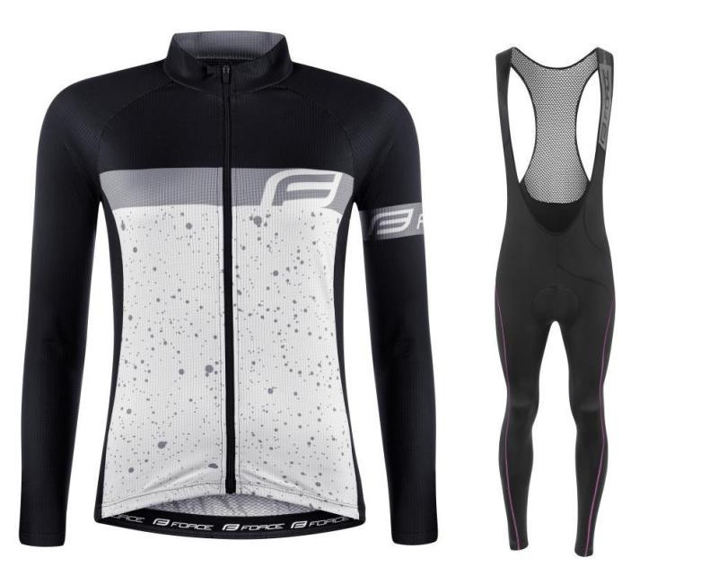 Force SPRAY LADY bílo-černý cyklodres - dl. rukáv + Force REFLEX LINE LADY černo-růžové cyklokalhoty