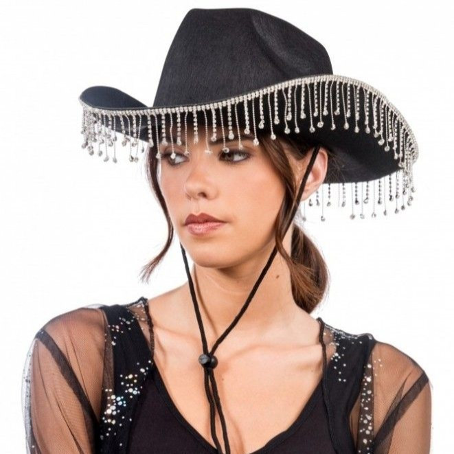 Klobouk kovbojský černý s řetízkem s kamínky