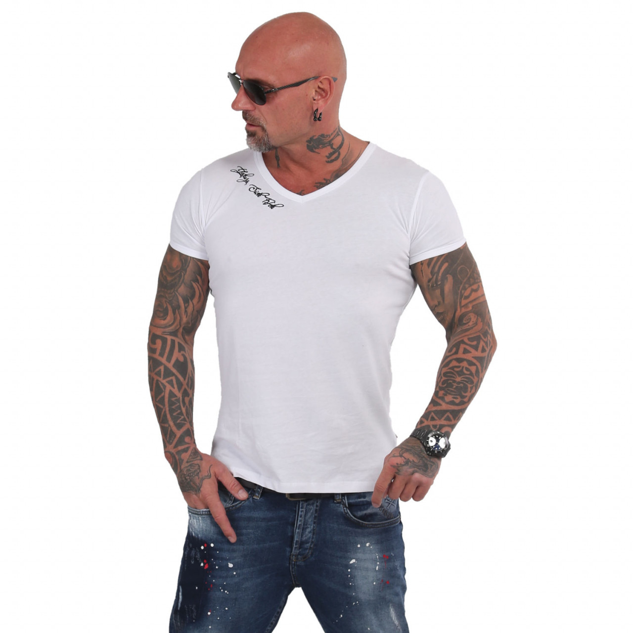 Triko pánské Yakuza Basic Line V Neck - bílé, 4XL