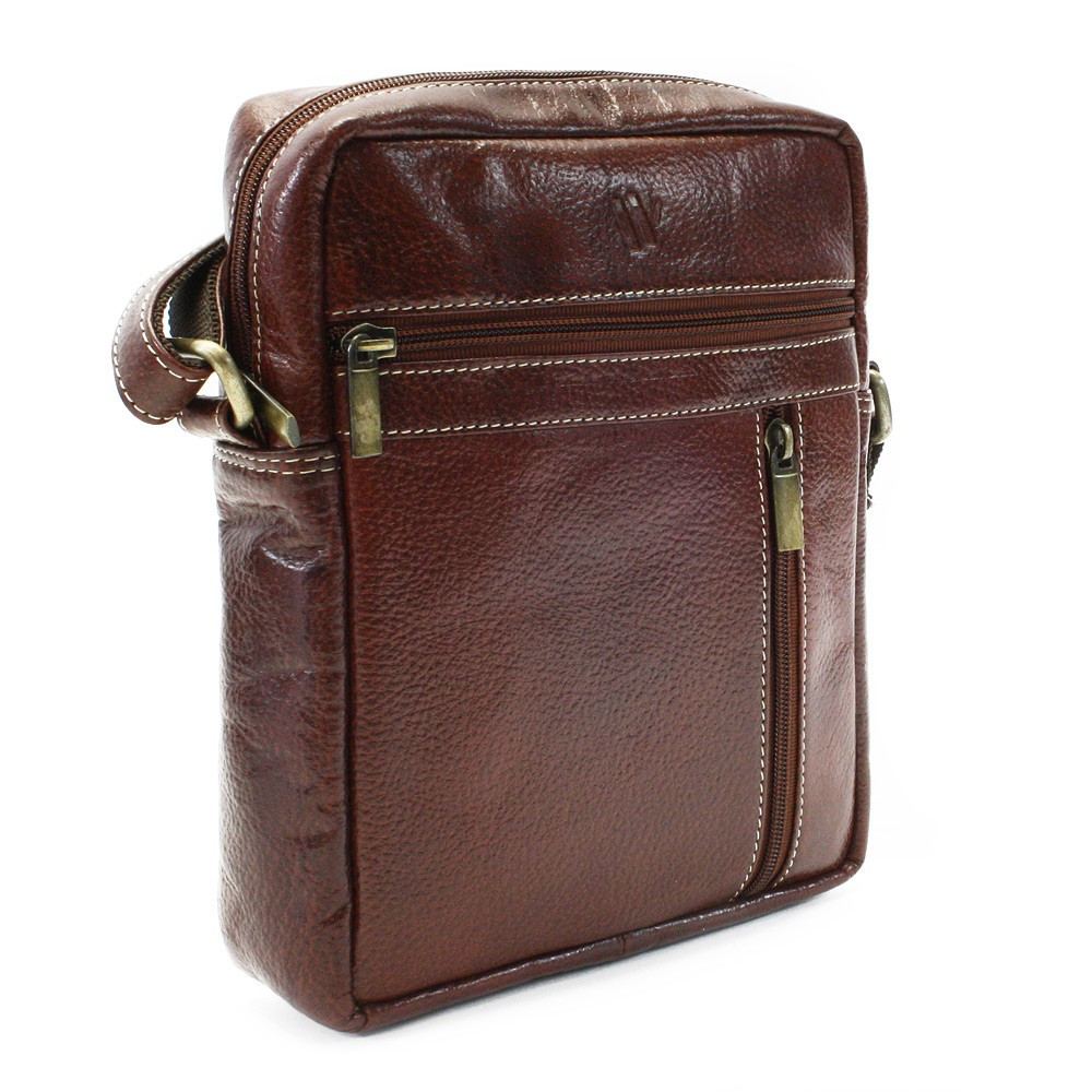 Kožený zipový crossbag Arwel - tmavě hnědý-červený