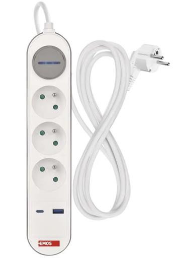 Emos P1312FC Prodlužovací kabel 2 m / 3 zásuvky / s vypínačem / bílý / 1×USB-A + 1×USB-C / 1,5 mm2
