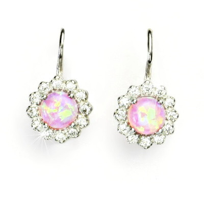 Stříbrné náušnice, čiré zirkony, růžový syntetický opál, NK 1495