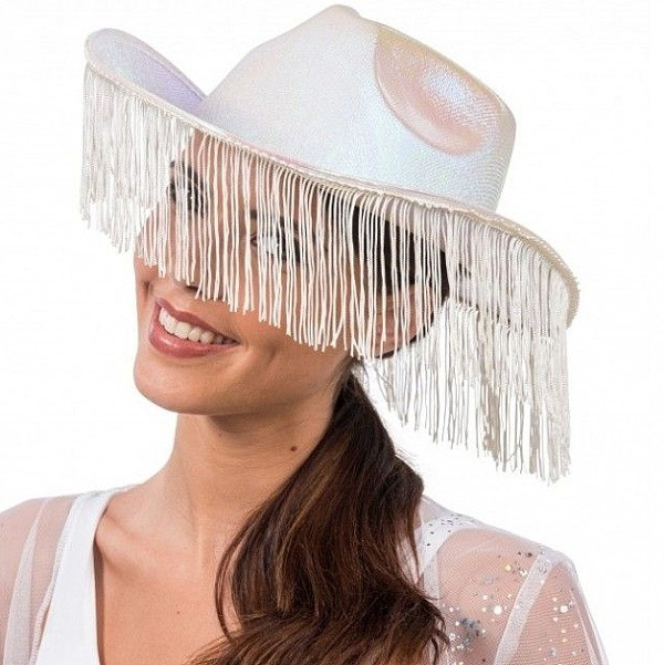 Klobouk kovbojský bílý iridescent s třásněmi