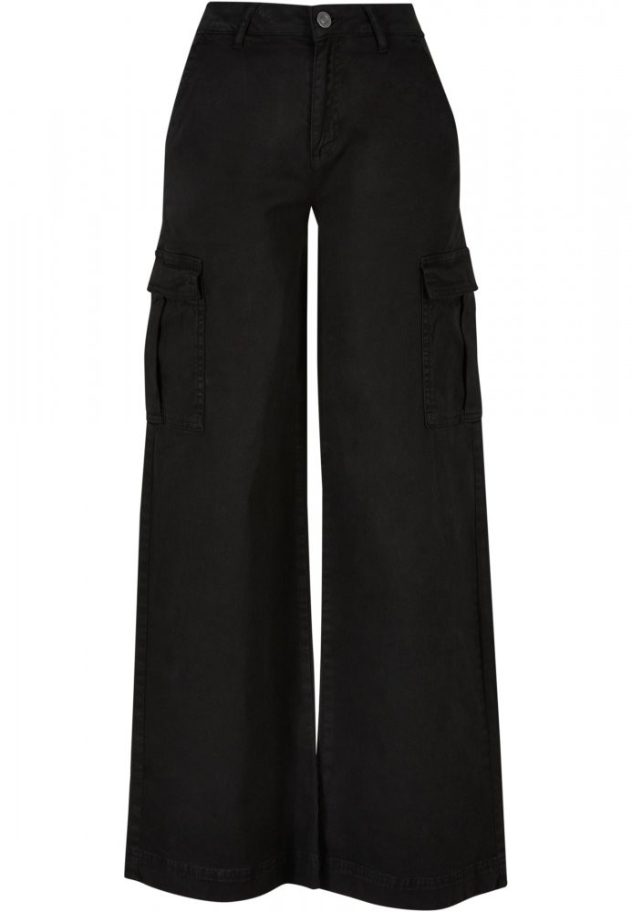 Ladies High Waist Wide Leg Twill Cargo Pants - black 28