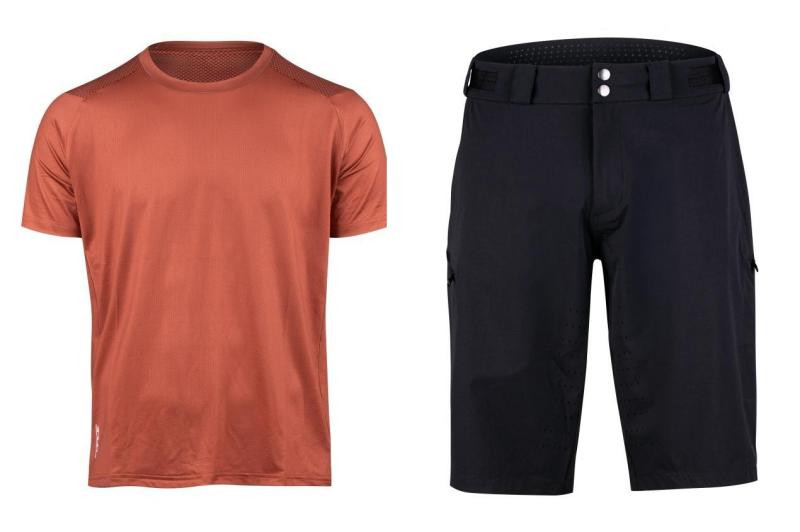 Force MTB MOUNT cihlový cyklistický dres + Force REBEL MTB černé cyklokraťasy bez vložky