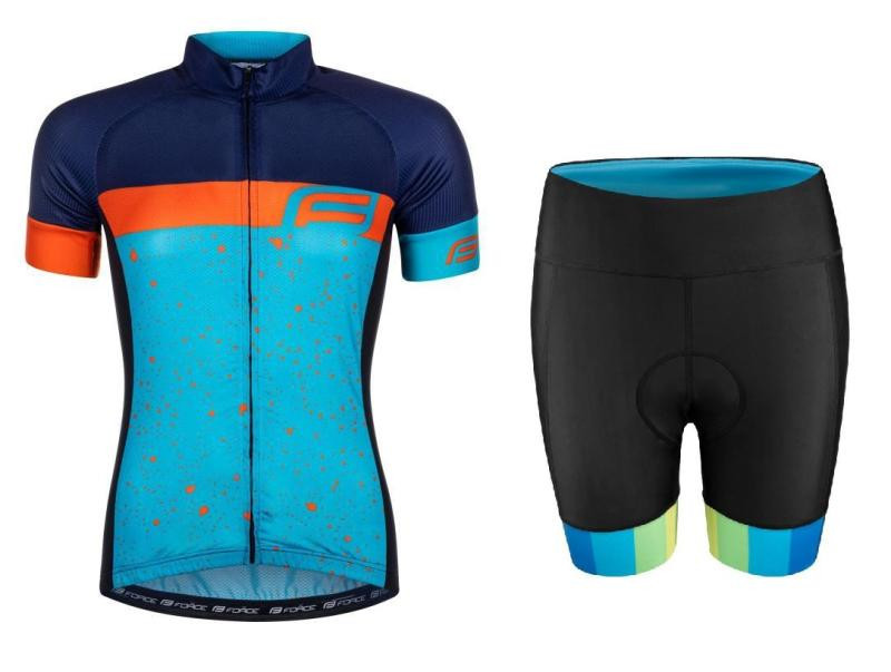 Force SPRAY LADY modro-oranžový cyklodres + Force VICTORY černo-modré cyklokraťasy