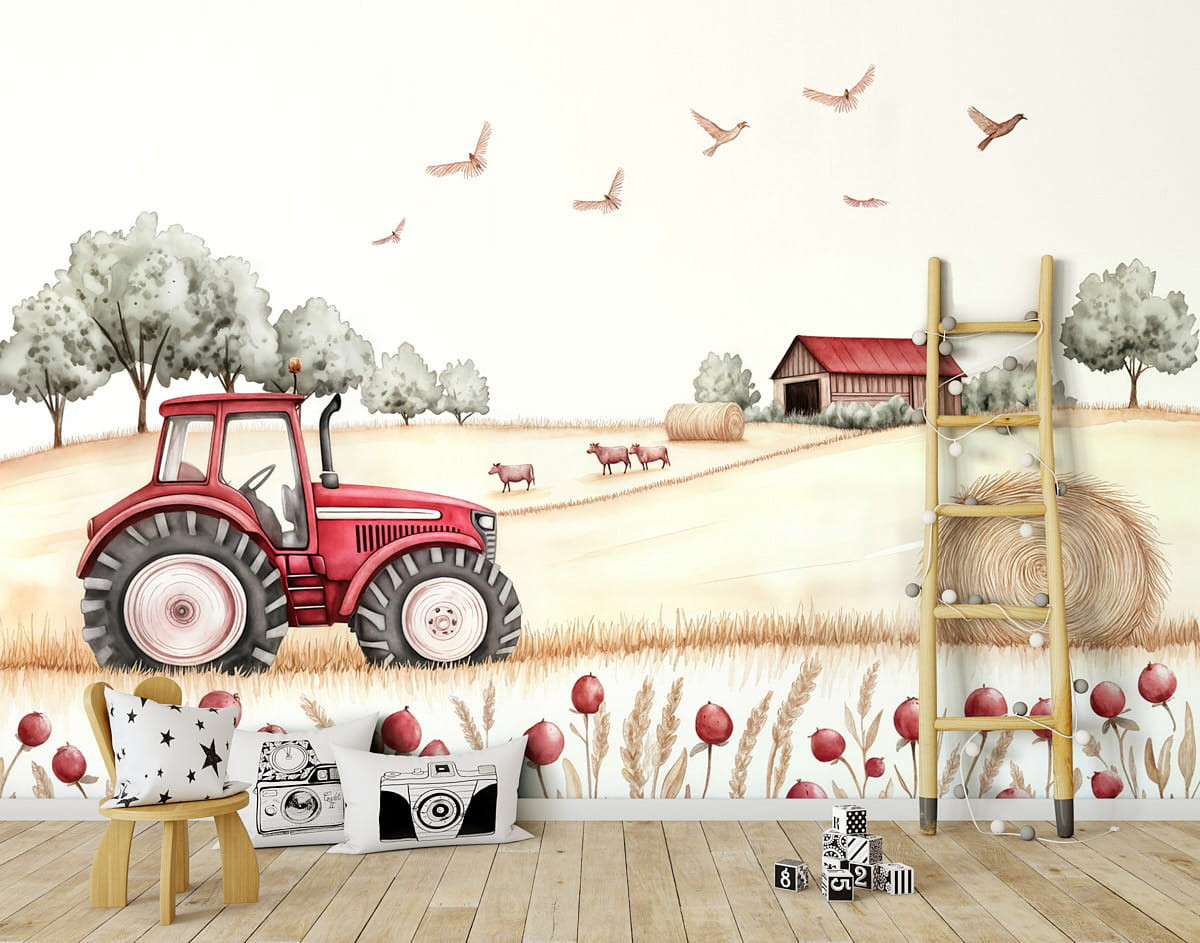 Tapeta na zeď traktor na farmě (červená verze)