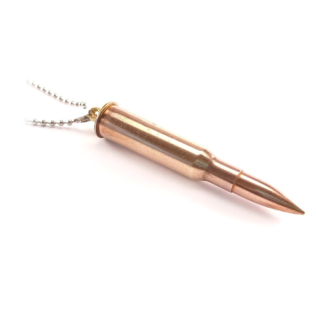 Náhrdelník s nábojem 7,62x54R Mosin-Nagant a koženým řemínkem - měděný