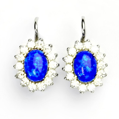 Stříbrné náušnice, tmavě modrý syntetický opál, čiré zirkony, Kate, NK 1507
