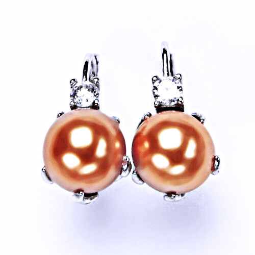 Stříbrné náušnice na patent s umělou lososovou perlou, šperky ,NK 1190