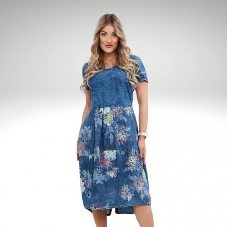 Džínové letní šaty s květy, Velikost 46, Barva Modrá My Style 0020339
