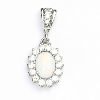 Stříbrný přívěsek, bílý syntetický opál, čiré zirkony, Kate, P 1507