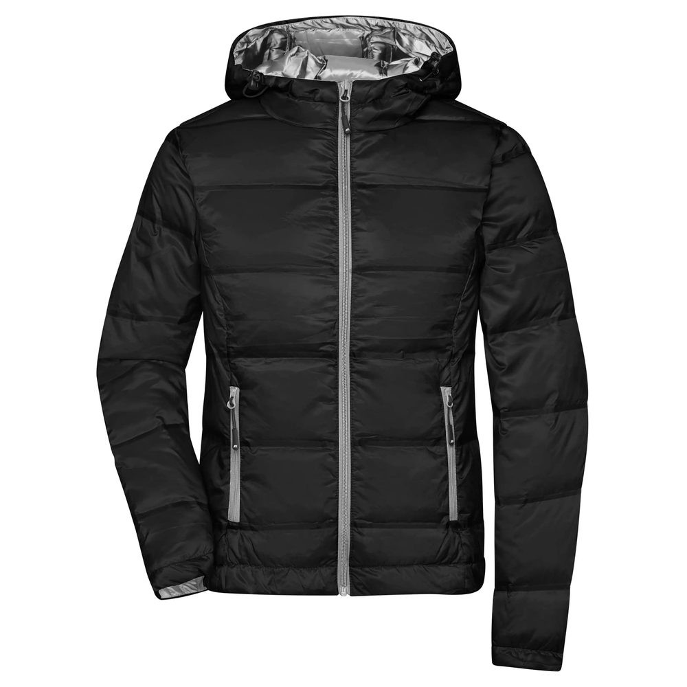 James & Nicholson (Daiber) Lehká dámská péřová bunda s kapucí JN1151 - Černá / stříbrná | L