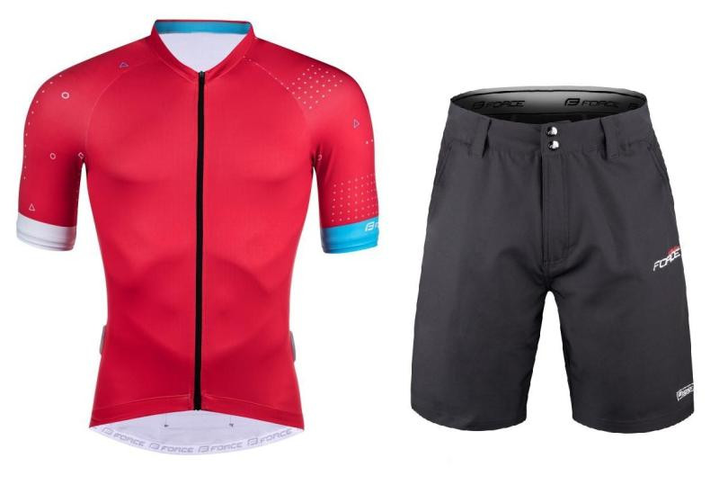 Force GAME červený cyklistický dres - kr. rukáv + Force BLADE MTB černé cyklokraťasy