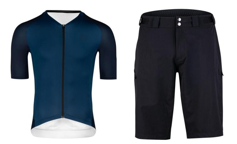 Force SCRIPT tm.modrý cyklodres + Force REBEL MTB černé cyklokraťasy bez vložky