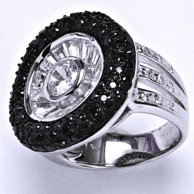 Stříbrný prsten, prsten ze stříbra, syntetický čirý a černý zirkon, váha 12, 66 g, vel.57