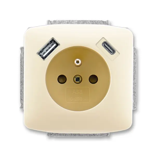 ABB 5569A-A32357 C Tango® Zásuvka jednonásobná s ochranným kolíkem, s clonkami, s USB napájením (USB-A,USB-C), Slonová kost