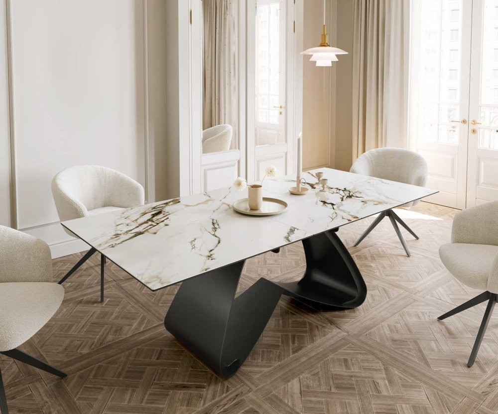 Jídelní stůl Edge 180-220x100 keramika Calacatta Luxe bílá-zlatošedá