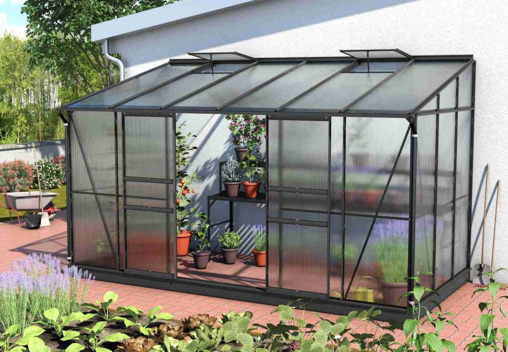 Skleník ke stěně IDA 7800 polykarbonát černý Dekorhome