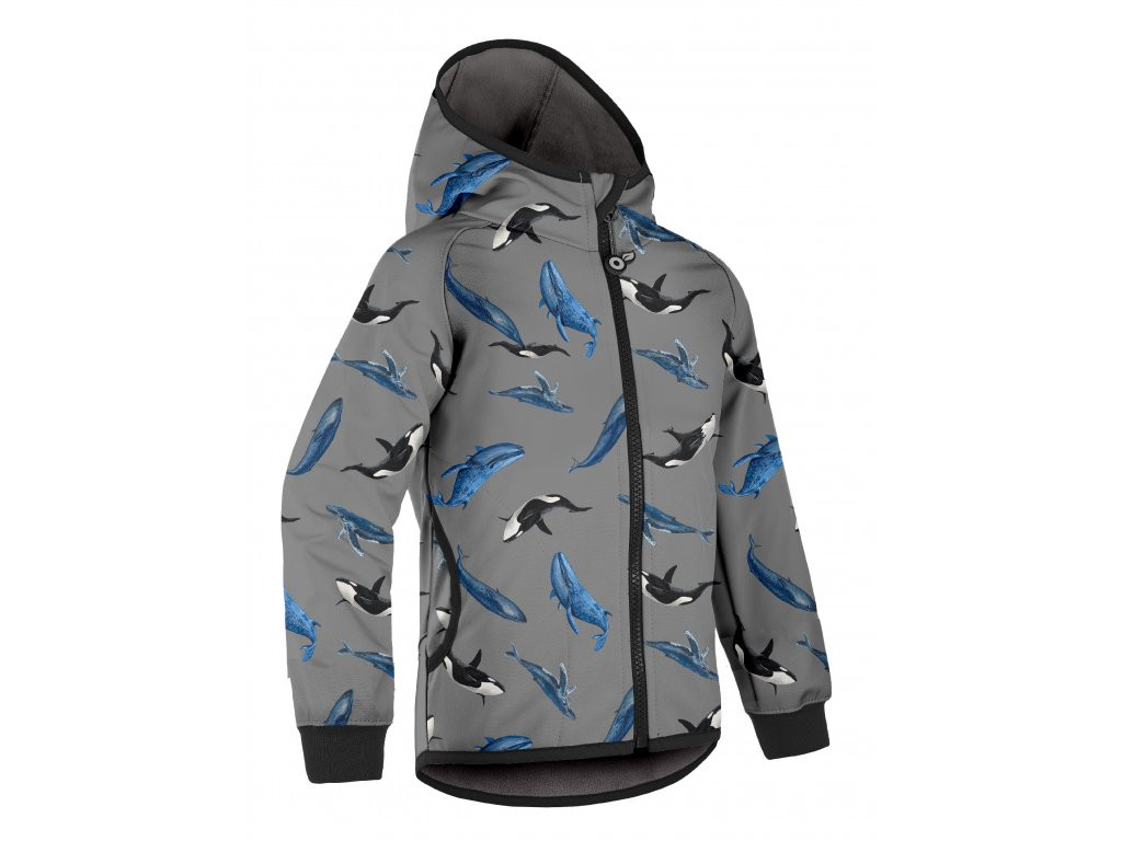 Unuo Unuo, Dětská softshellová bunda s fleecem Basic, Šedá, Velryby Velikost: 98/104 8596227137541