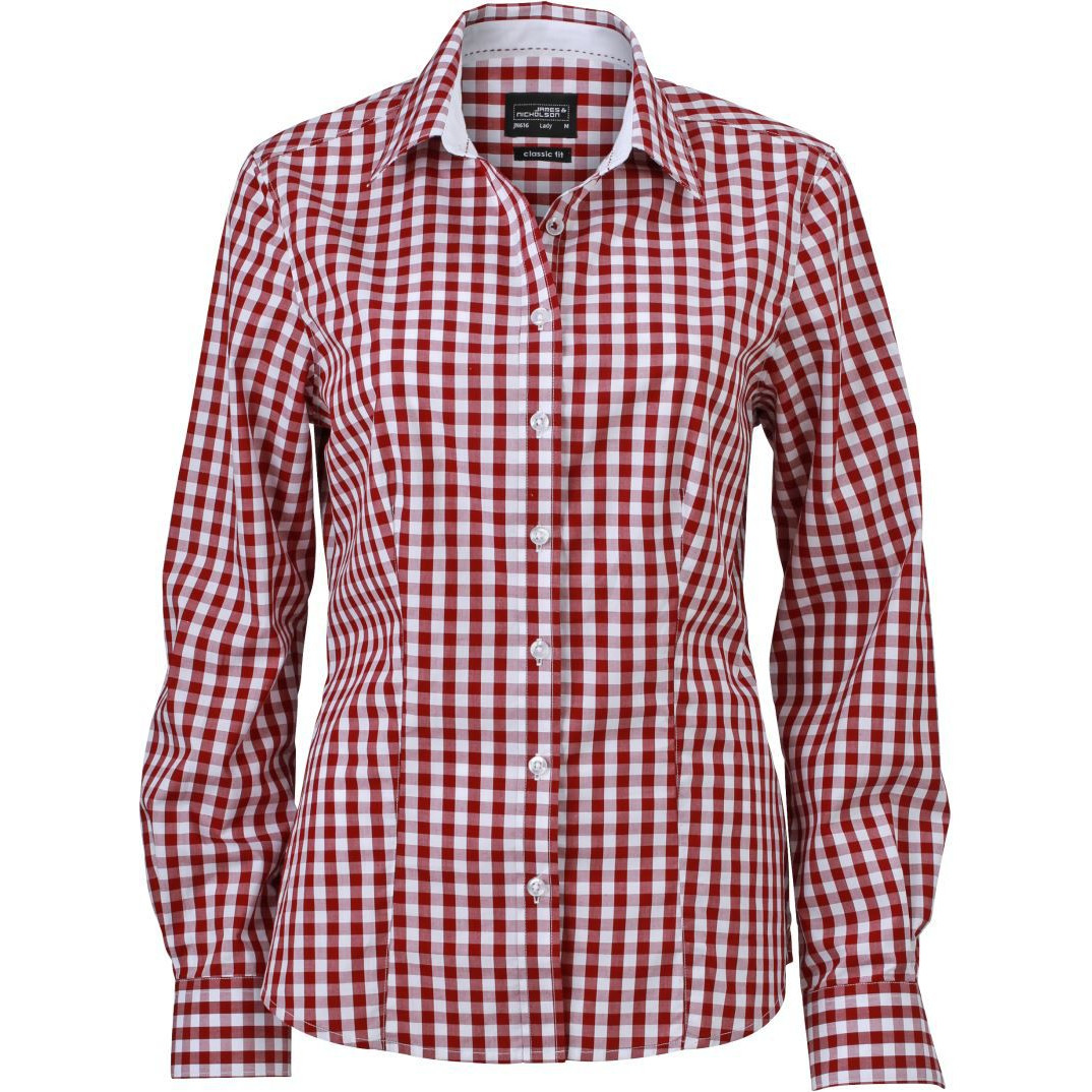Košile kostkovaná James & Nicholson 616 - tmavě červená-bílá, XXL