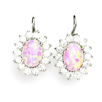 Stříbrné náušnice, růžový syntetický opál, čiré zirkony, Kate, NK 1507