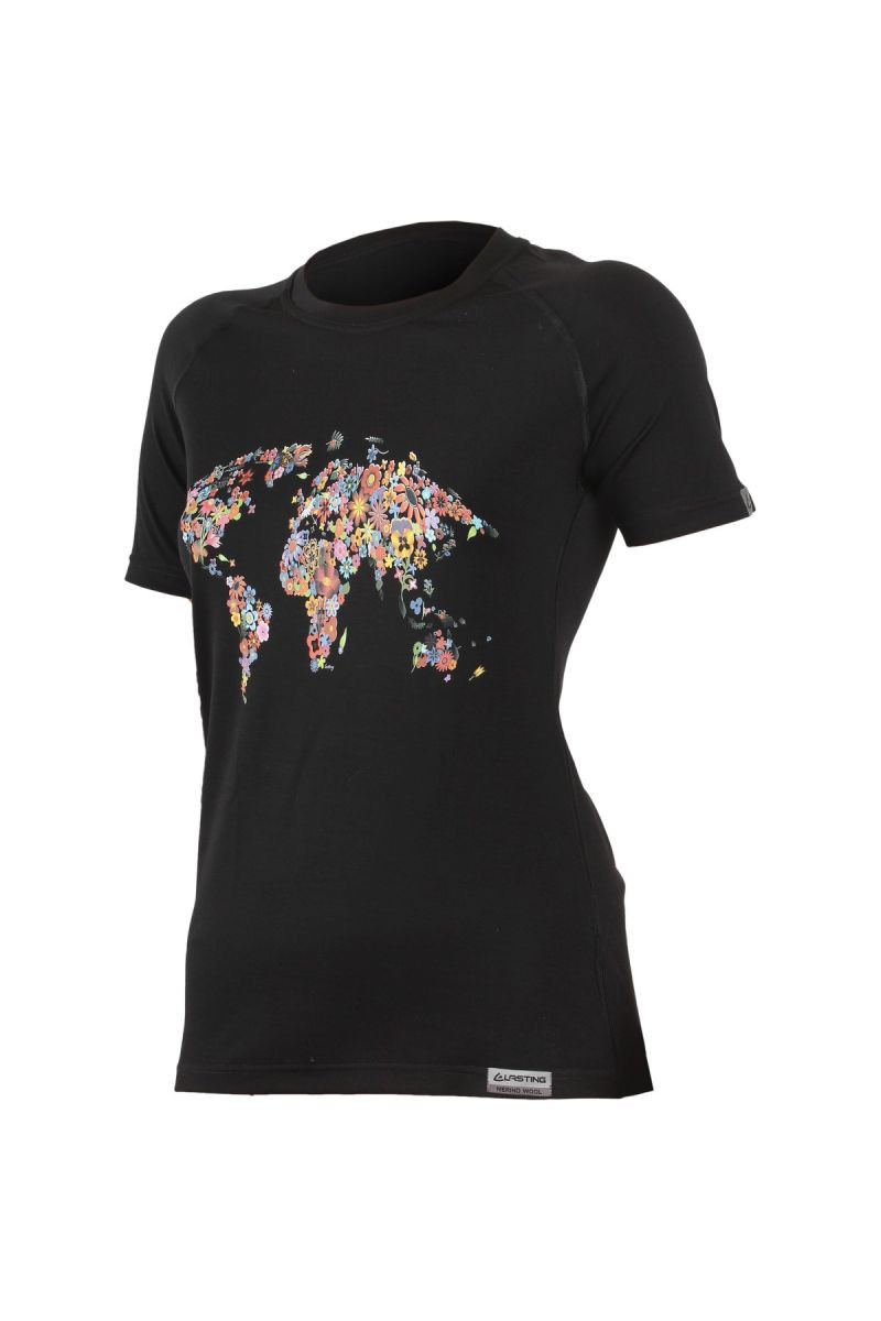 Lasting FLOWER 9090 černé vlněné merino triko s tiskem Velikost: L 8595067830278