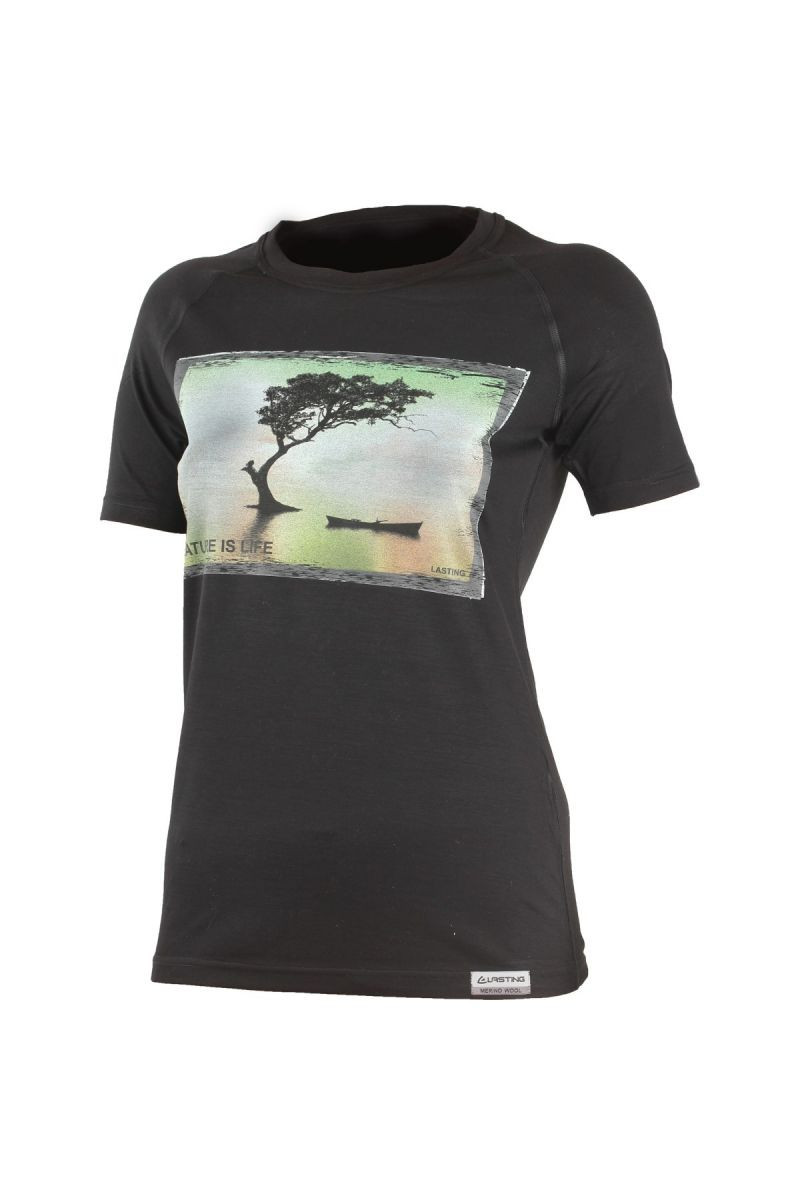 Lasting LAKE 9090 černé vlněné merino triko s tiskem Velikost: M 8595067865461