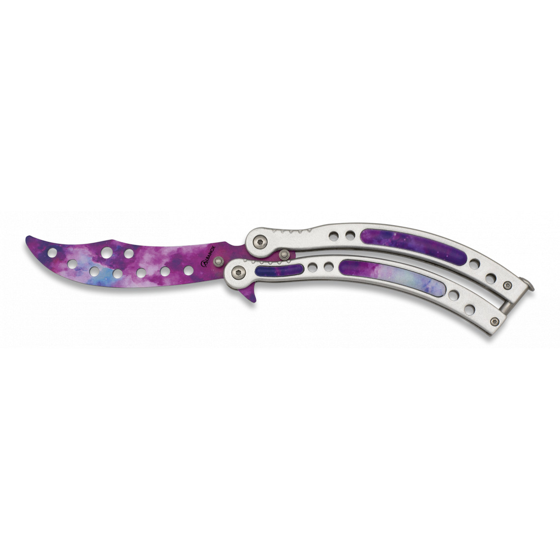 Nůž motýlek tréninkový Albainox Abanico Balisong 23,5 cm - stříbrný-fialový