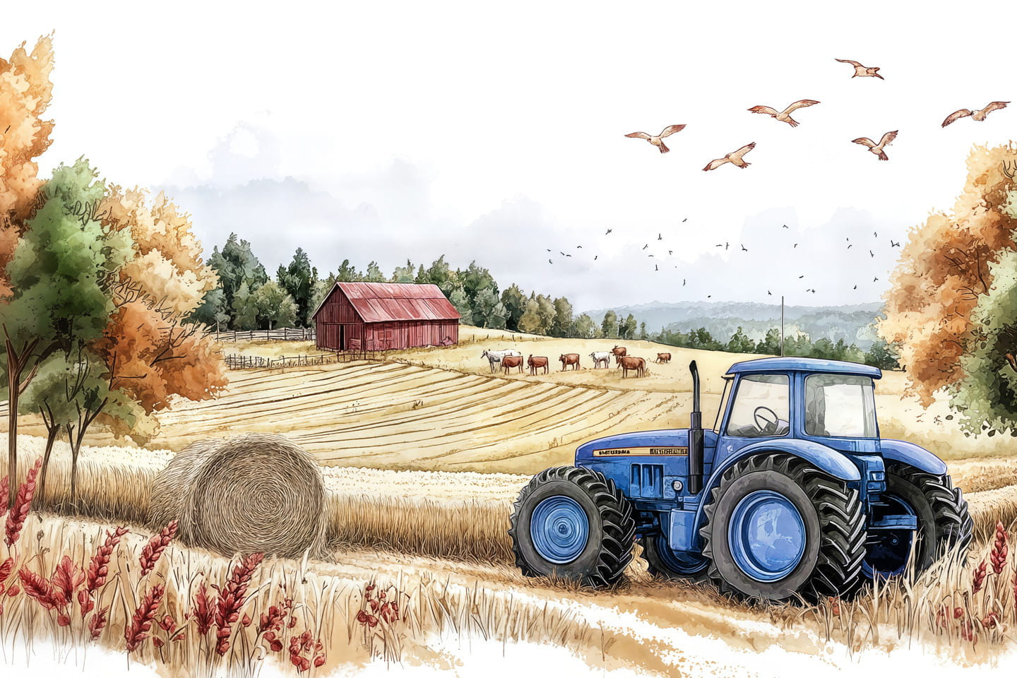 Tapeta na zeď farma s traktorem (modrá verze)