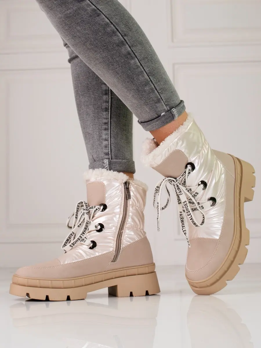 Komfortní béžové sněhule dámské na plochém podpatku