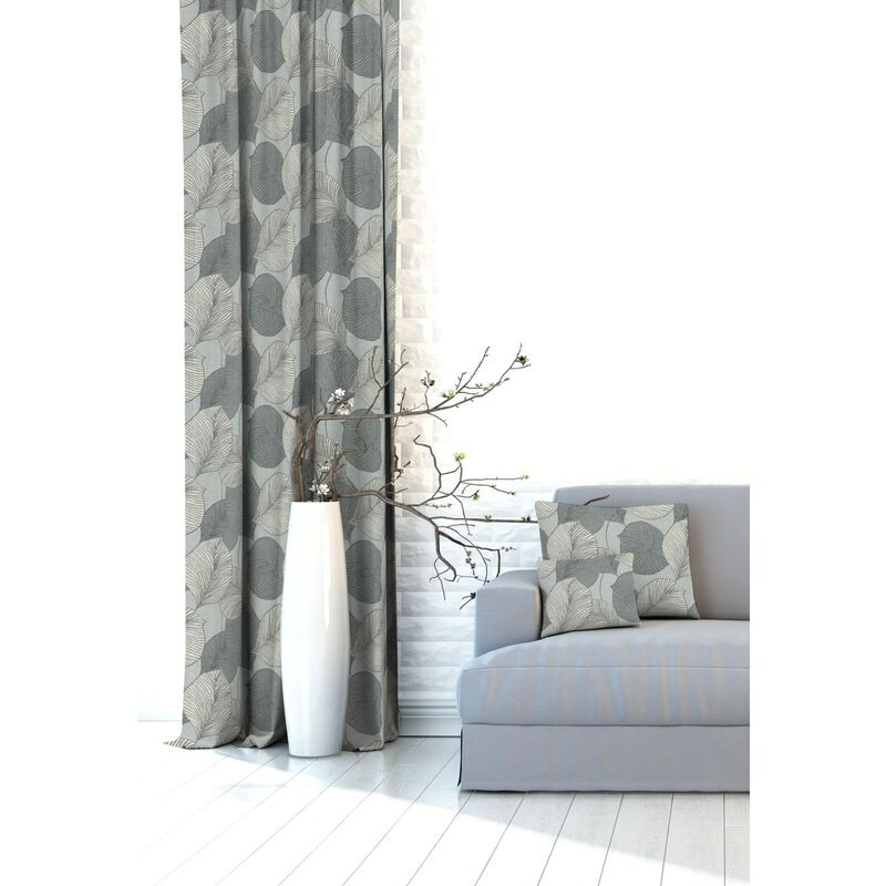 Hotový závěs OXY s tunýlkem, Listy šedý a béžový, 145 x 180 cm