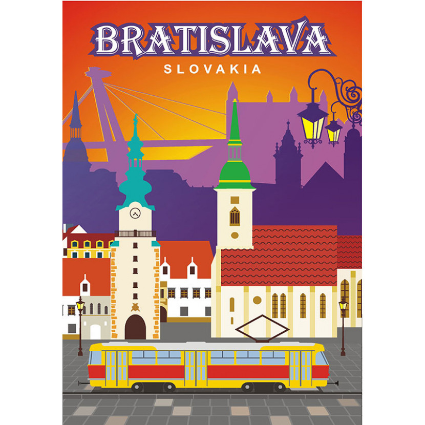 Cedule plechová Slovensko Bratislava s tramvají - barevná