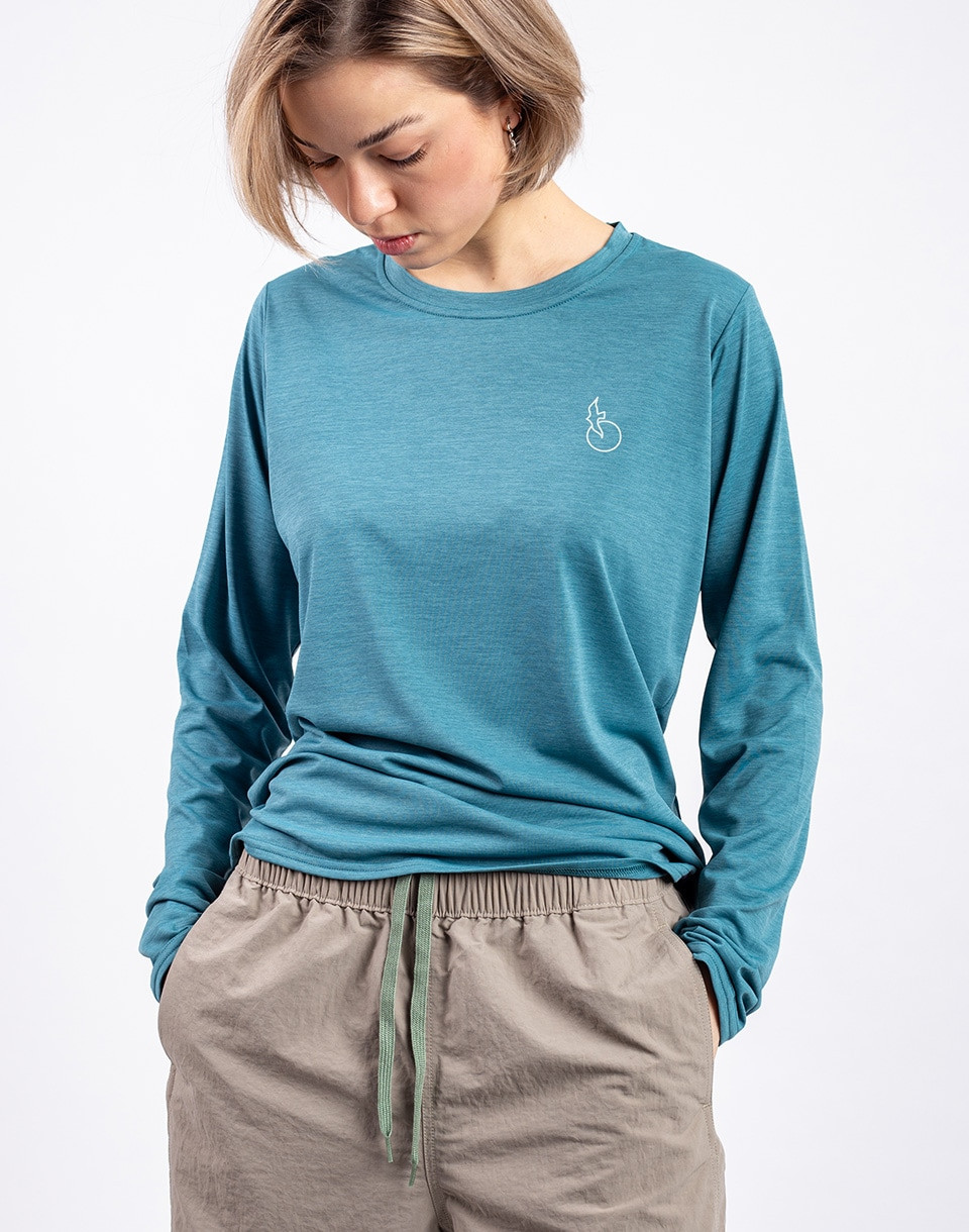 Patagonia W's L/S Cap Cool Daily Graphic Shirt - Waters Swelldrifter: Wetland Blue X-Dye XS