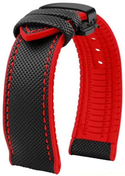 Řemínek gumový s černou motýlovou sponou - černý/červené prošití - 19 mm
