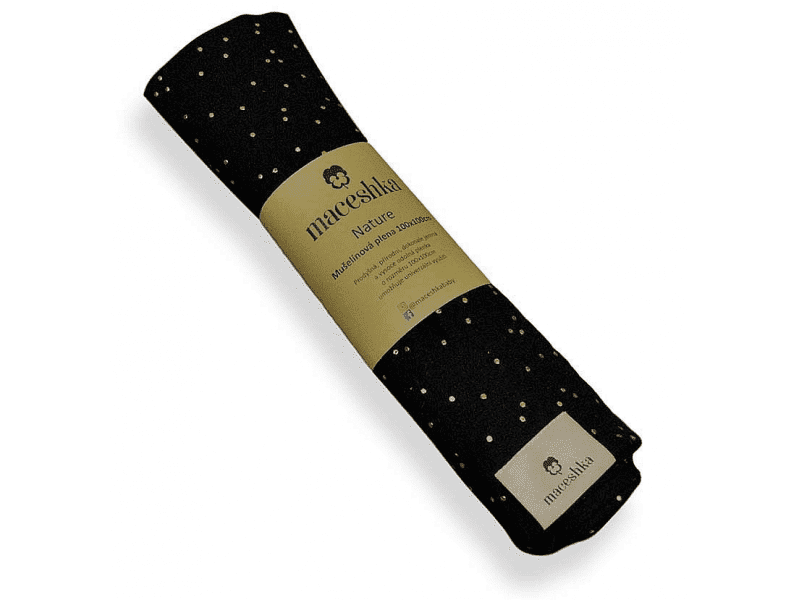 Maceshka Mušelínová plena Nature se zlatým puntíkem  100x100, noir