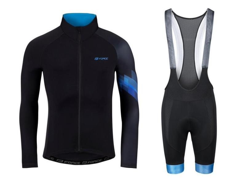 Force RIDGE černo-modrý cyklistický dres - dlouhý rukáv + Force STRIPE černo-modré cyklokraťasy