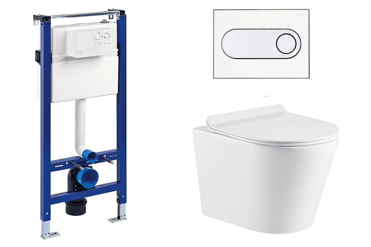 Liv-Fluidmaster Wc set Ring II Gips podmítková nádrž do sádrokartonu, mísa, sedátko a bílé/chrom tlačítko 223125 - SET(223125, 223468, OLKLT053ER)