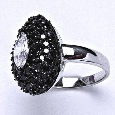 Stříbrný prsten, prsten ze stříbra, syntetický čirý a černý zirkon, kapka, váha 7,5 g, vel.57