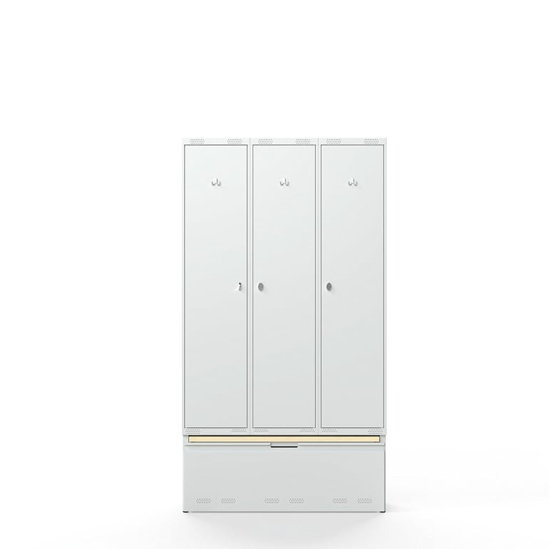 Šatní skříňka FORCE, 3 sekce, zásuvka s lavicí, 2190x1200x550 mm, šedá