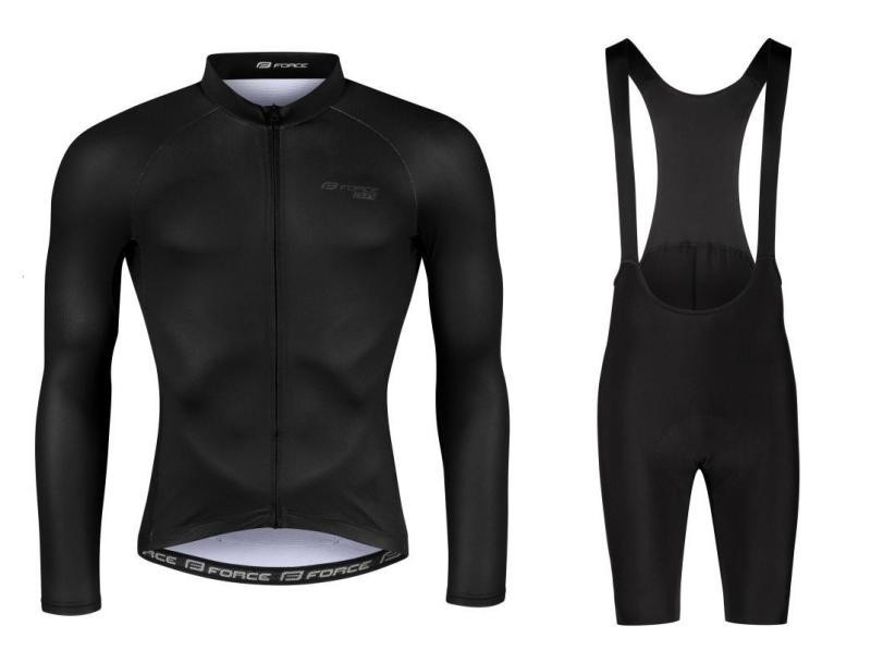 Force PURE černý cyklistický dres - dlouhý rukáv + Force ACTION černé cyklokraťasy