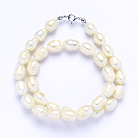 Náhrdelník, perly pravé říční, 9 - 10 mm bílé, stříbrné zapínání