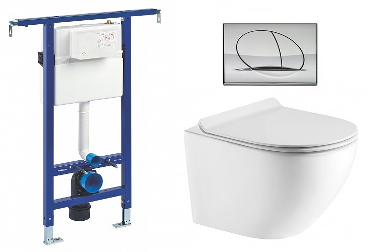 Liv-Fluidmaster Wc set Ring Core podmítková nádrž do bytového jádra, rimless mísa, sedátko a tlačítko lesklý chrom 195872 - SET(195872, 222021,  OLKLT046E)