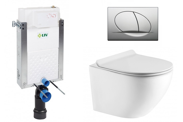 Liv-Fluidmaster Wc set Ring Wall podmítková nádrž do zdiva, rimless mísa, sedátko a tlačítko matný chrom 195868 - SET(669931, OLKLT046E, 195868)
