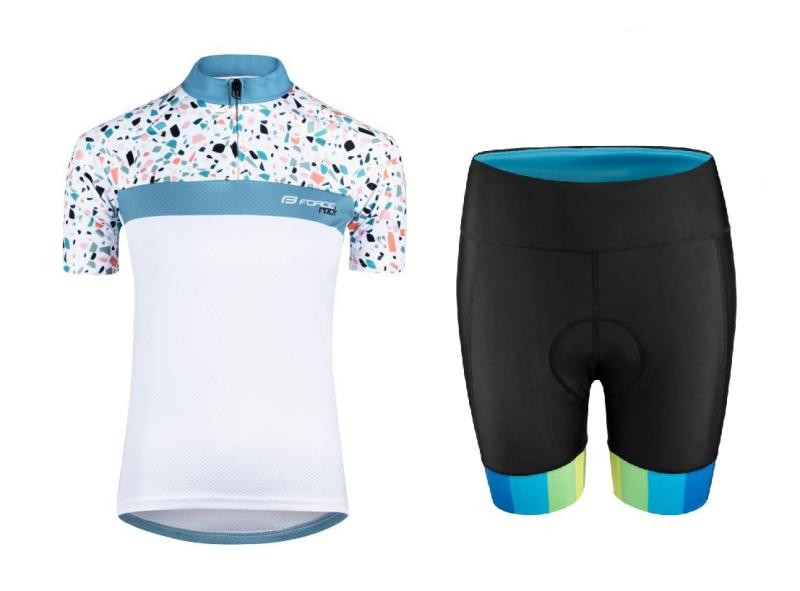 Force ROCK LADY bílo-tyrkysový cyklodres - kr. rukáv + Force VICTORY černo-modré cyklokraťasy