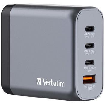 Verbatim GNC-140, GaN zástrčka, 2xUSB-C PD 140W, 1xUSB-C PD 20W, 1xUSB-A QC 3.0, Verbatim